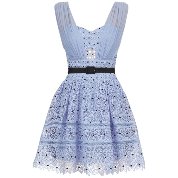 Self-Portrait Dove Blue Lace Spiral Paneled Zip-Up Mini Dress Spring Summer 0 - Picture 2 of 12